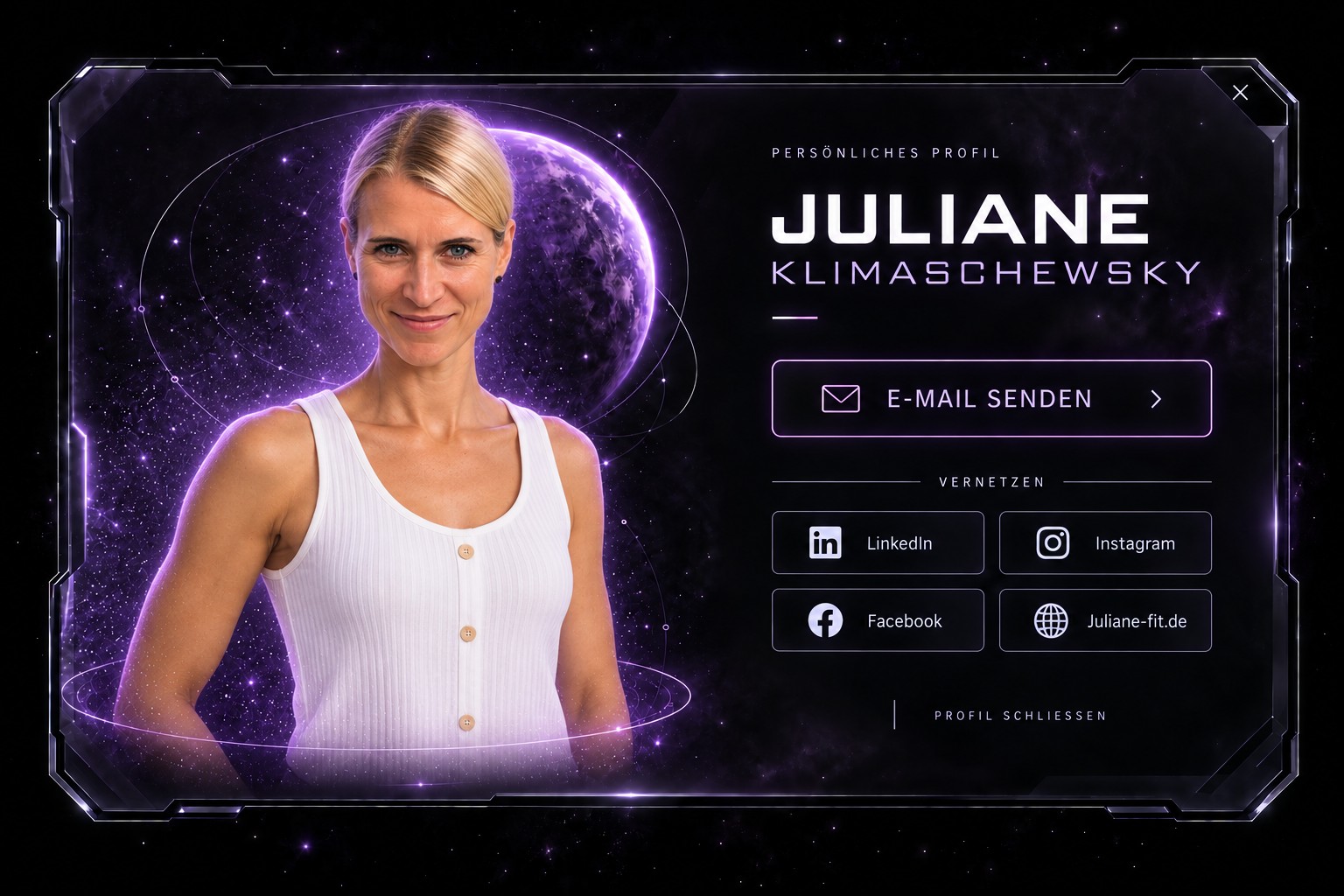 Juliane Klimaschewsky vor einem lila Planeten, in einer futuristischen Profilkarte