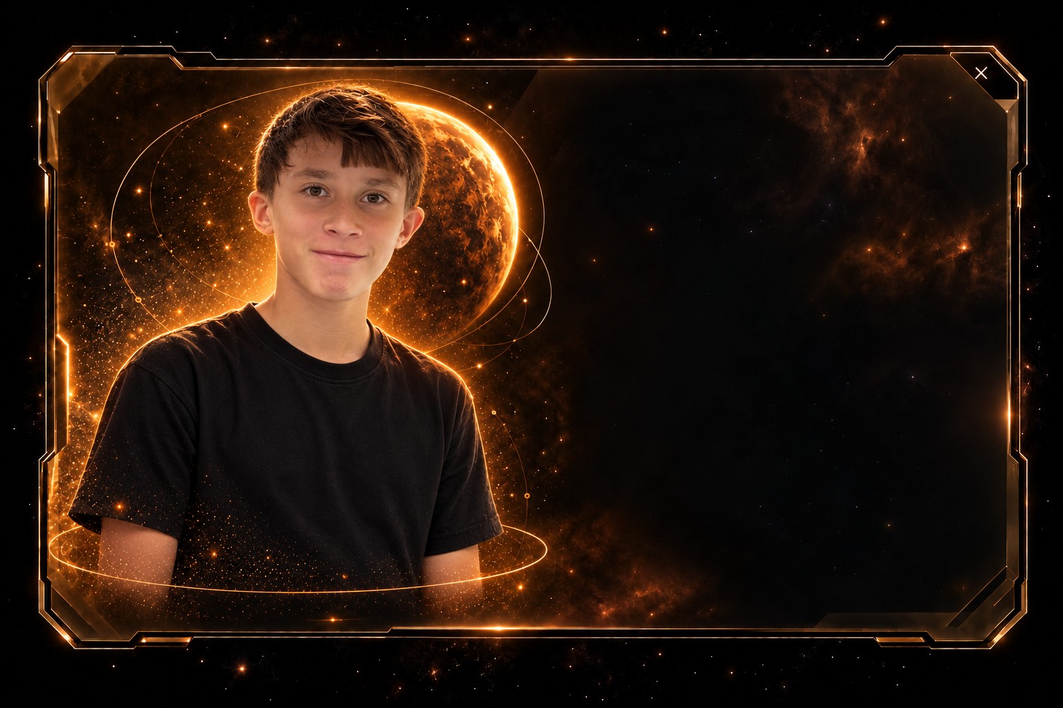 Manuel vor einem orangefarbenen Planeten