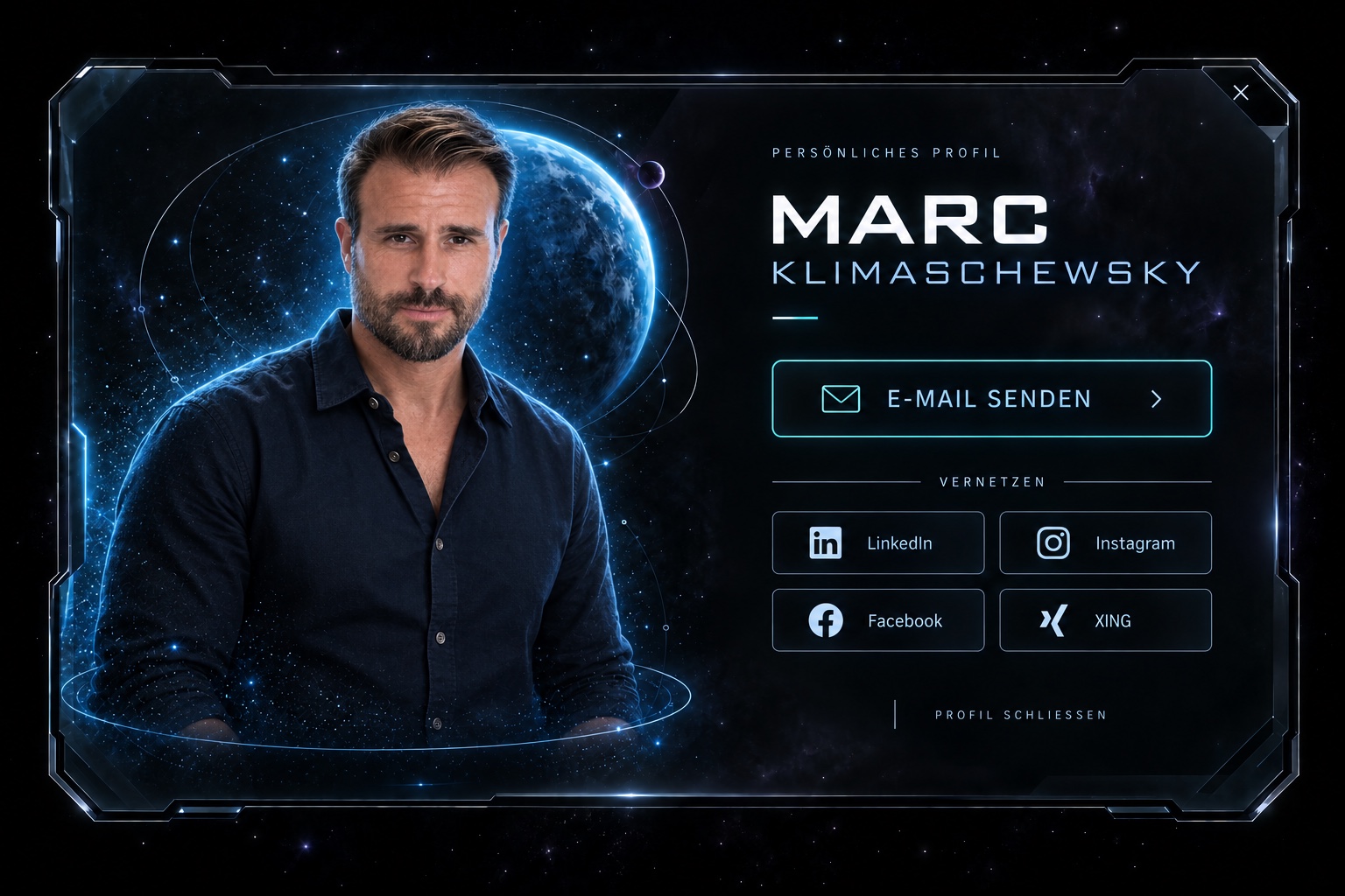 Marc Klimaschewsky vor einem blauen Planeten, in einer futuristischen Profilkarte